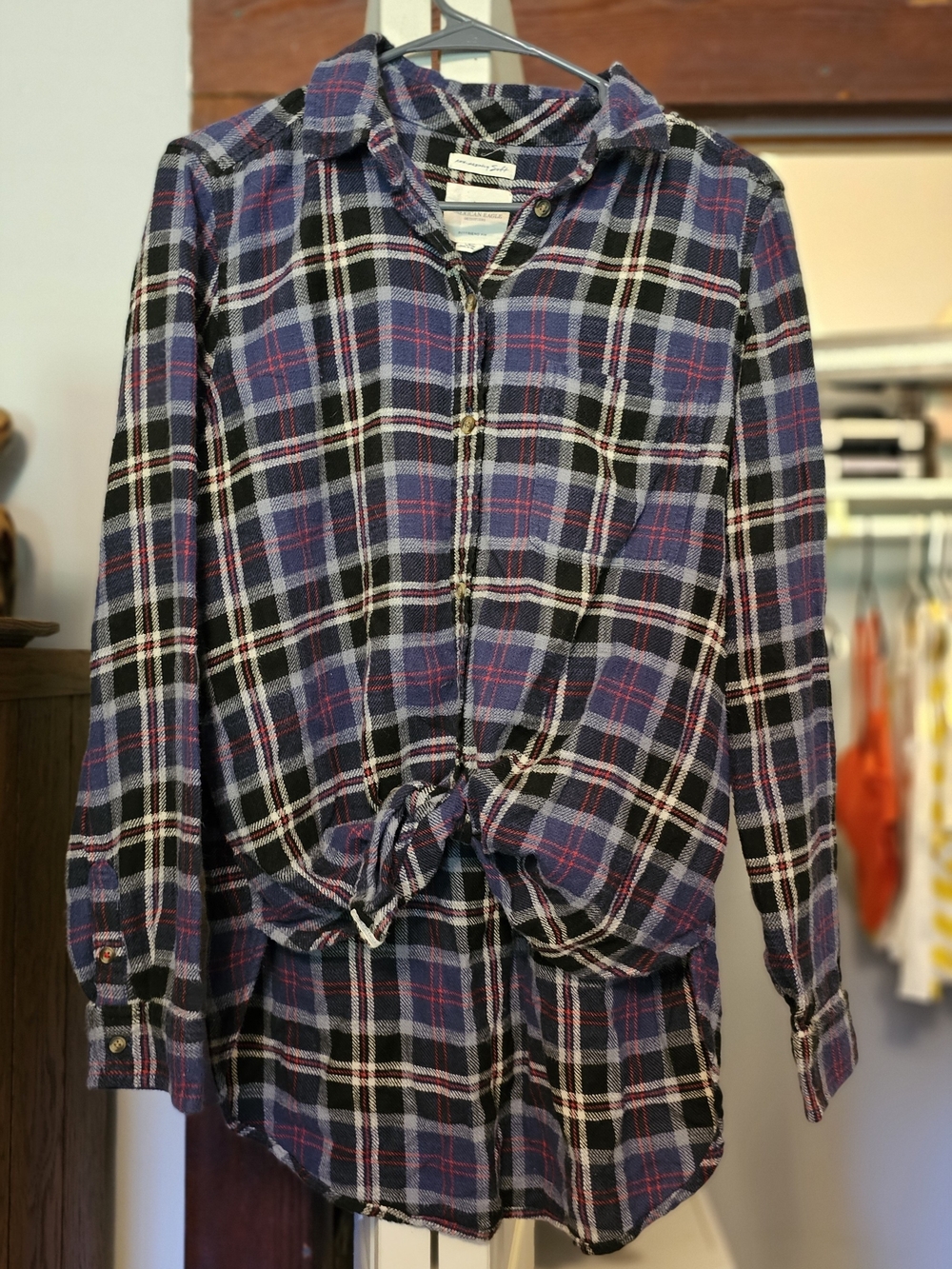 American Eagle Outfitters Blue, Black and Pink Plaid Button-Down Shirt
